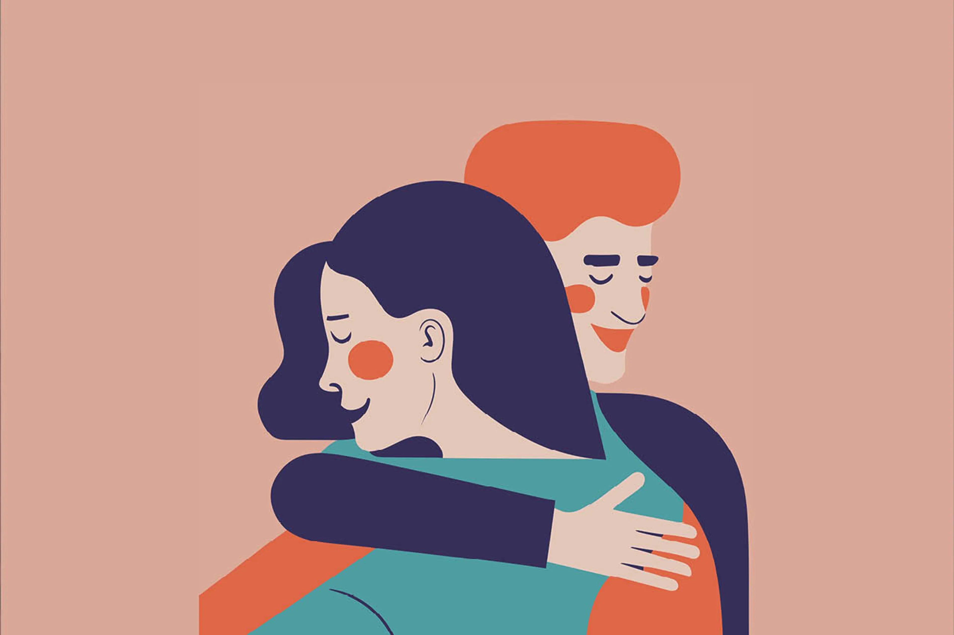 Illustratie van twee personen, man en vrouw, die elkaar omhelzen en glimlachen.